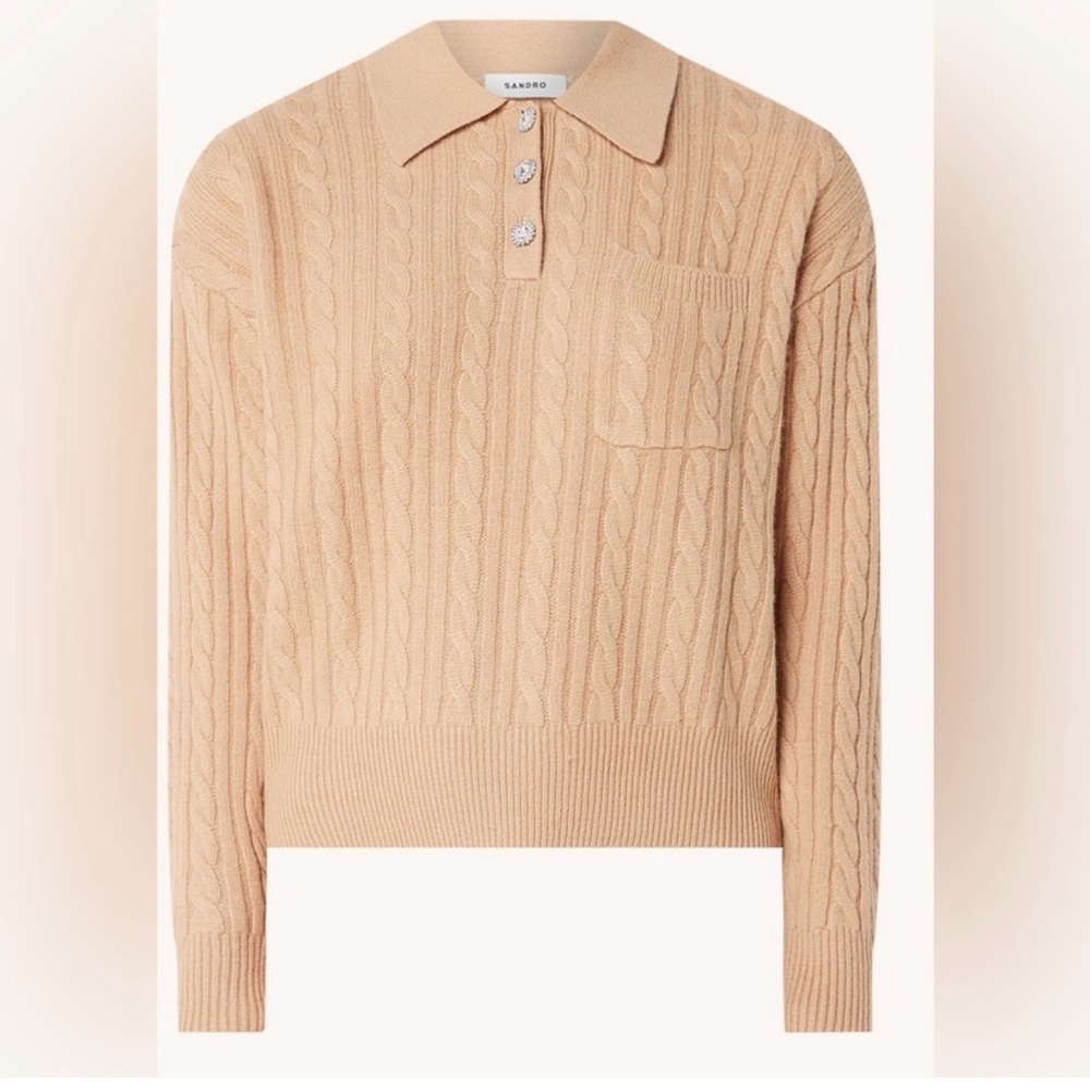 Sandro Camel Cable Knit Polo Sweater
